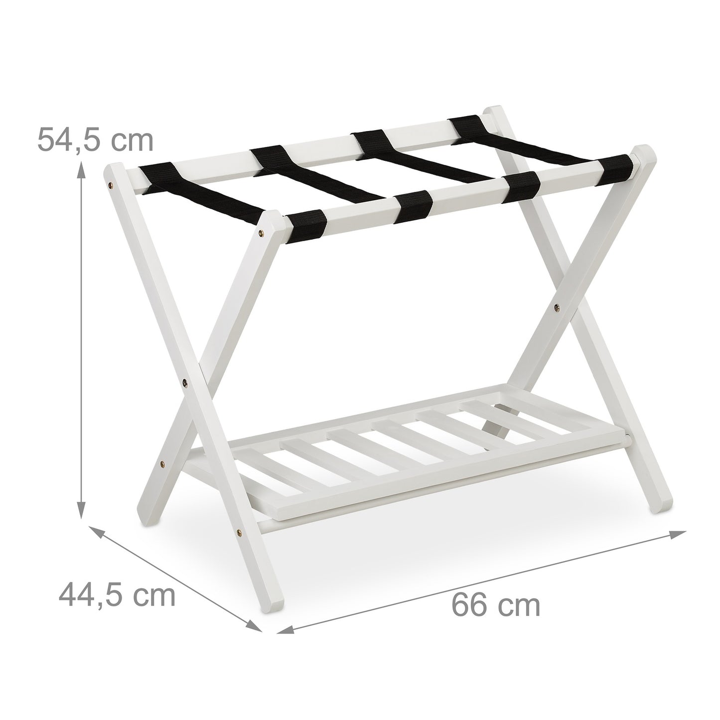Folding wooden luggage rack with 2 shelves