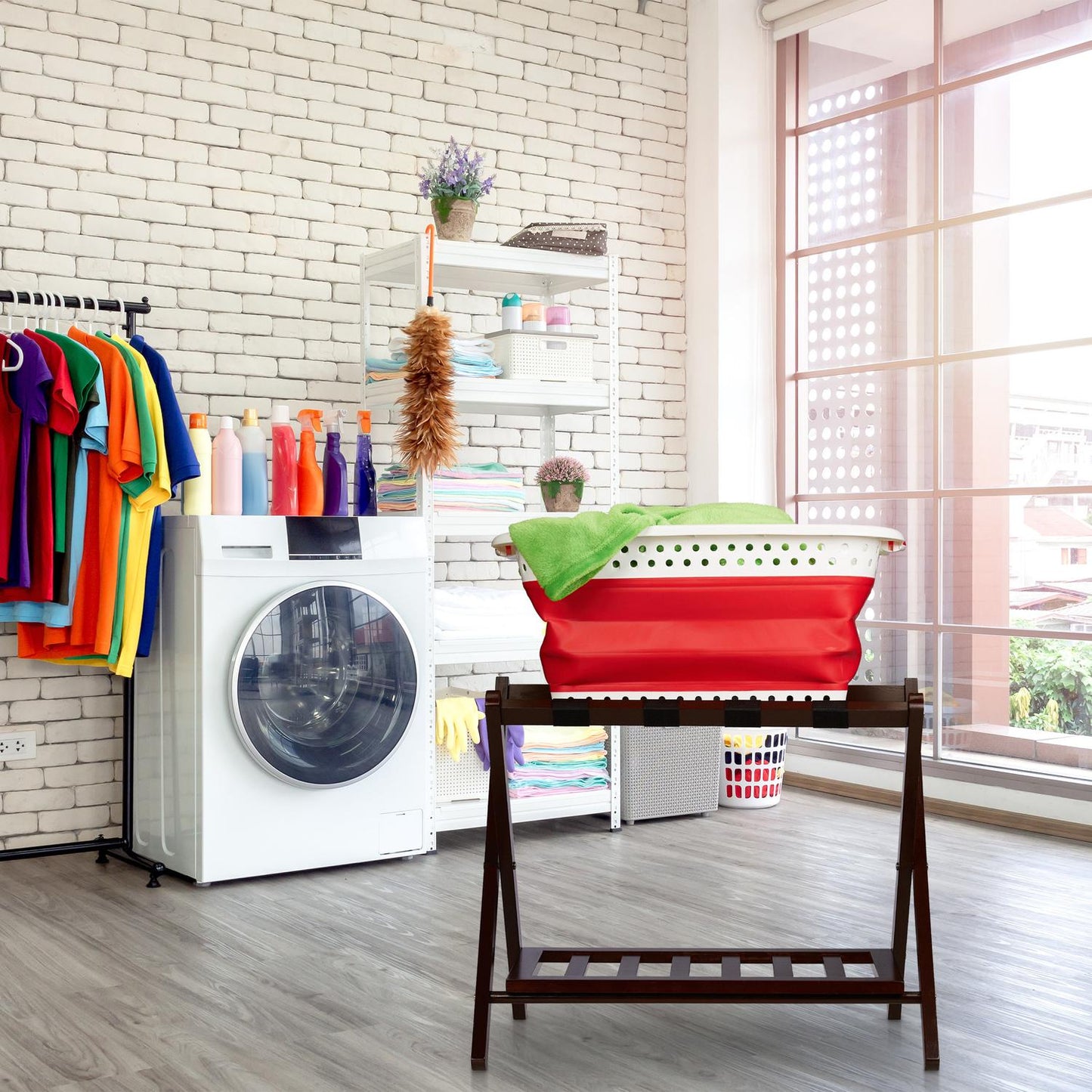 Folding wooden luggage rack with 2 shelves