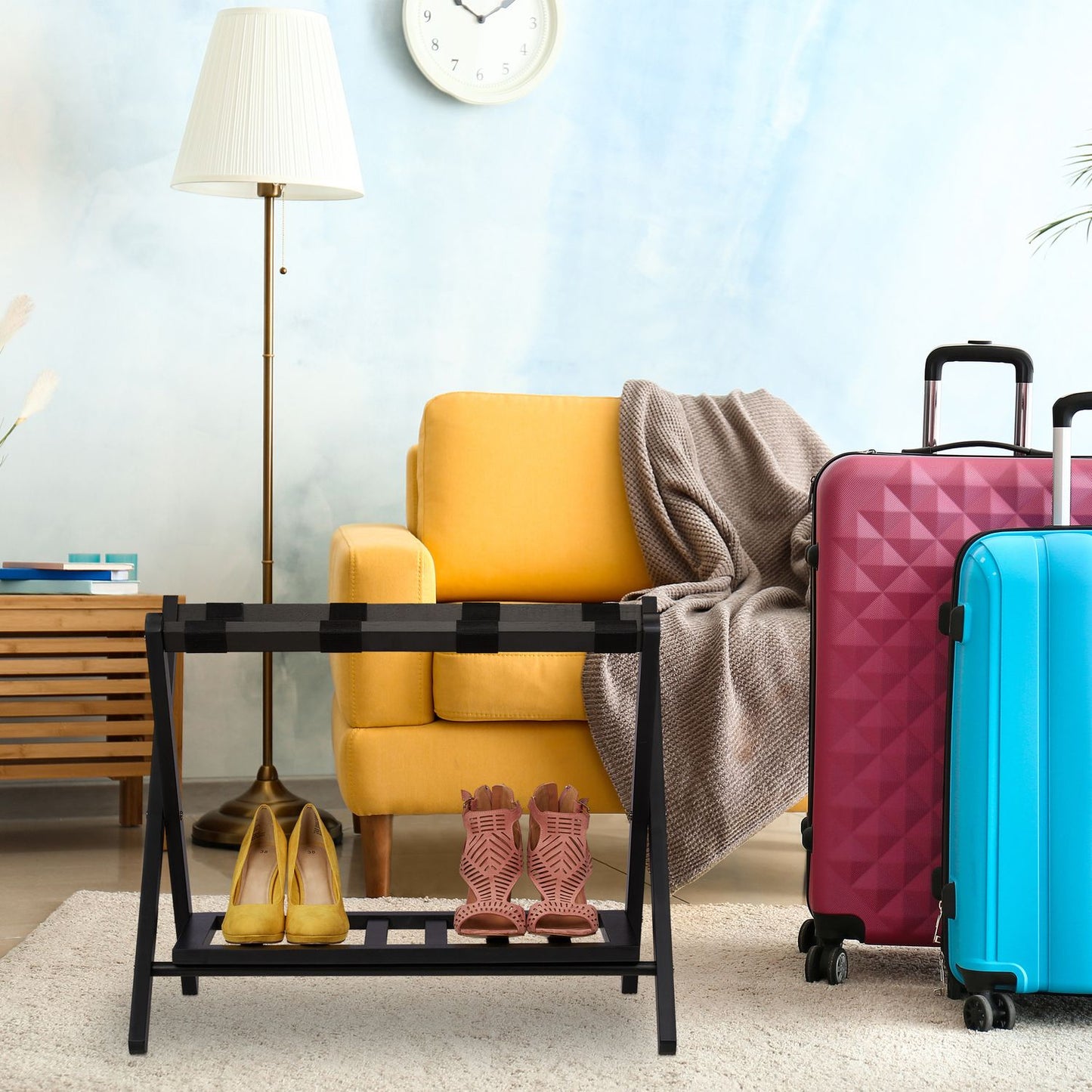 Folding wooden luggage rack with 2 shelves