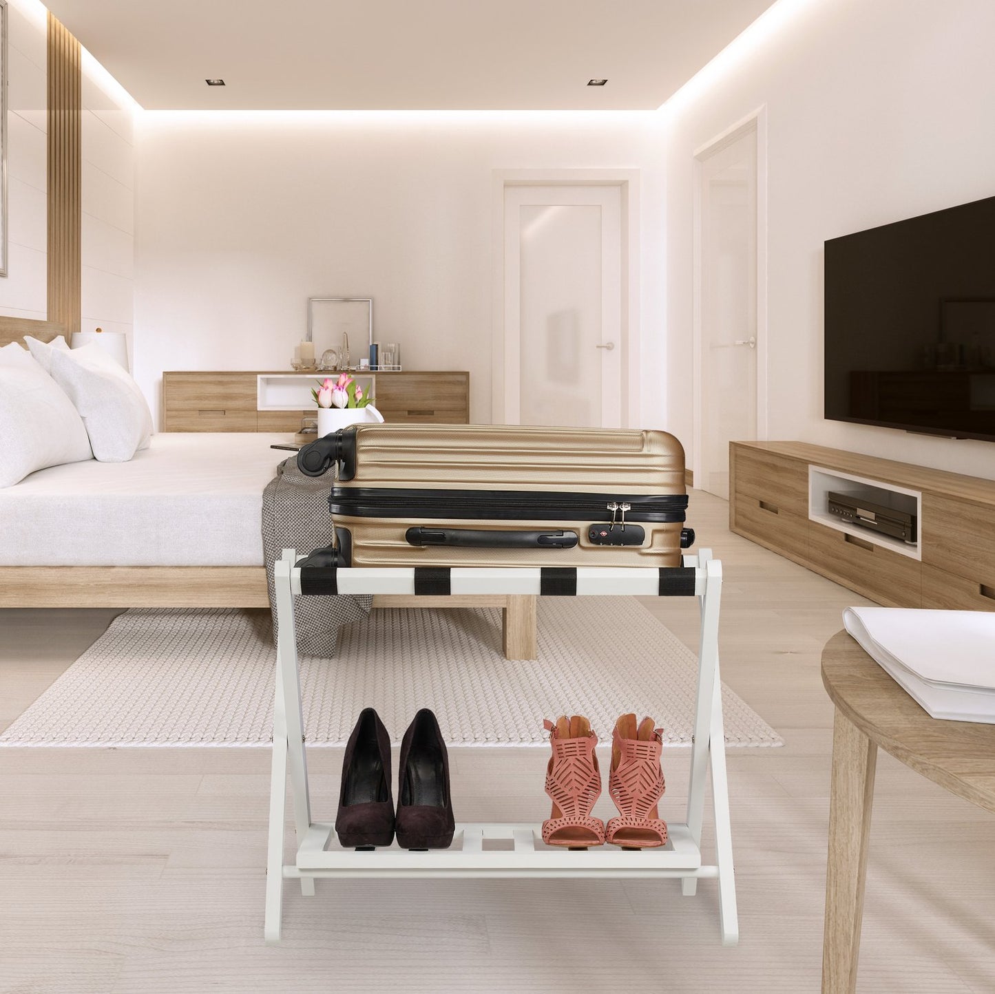 Folding wooden luggage rack with 2 shelves