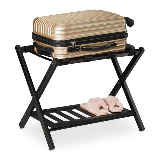 Folding wooden luggage rack with 2 shelves