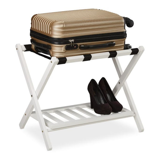 Folding wooden luggage rack with 2 shelves
