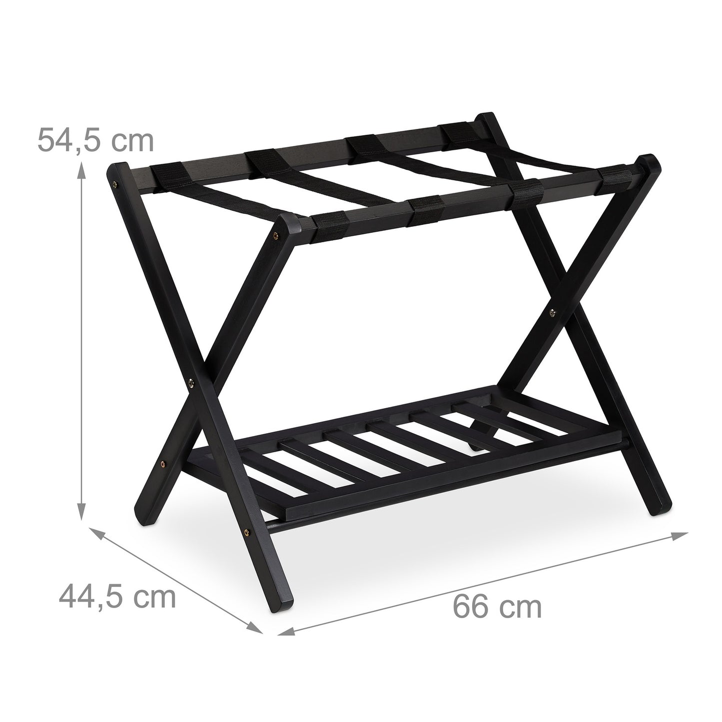 Folding wooden luggage rack with 2 shelves