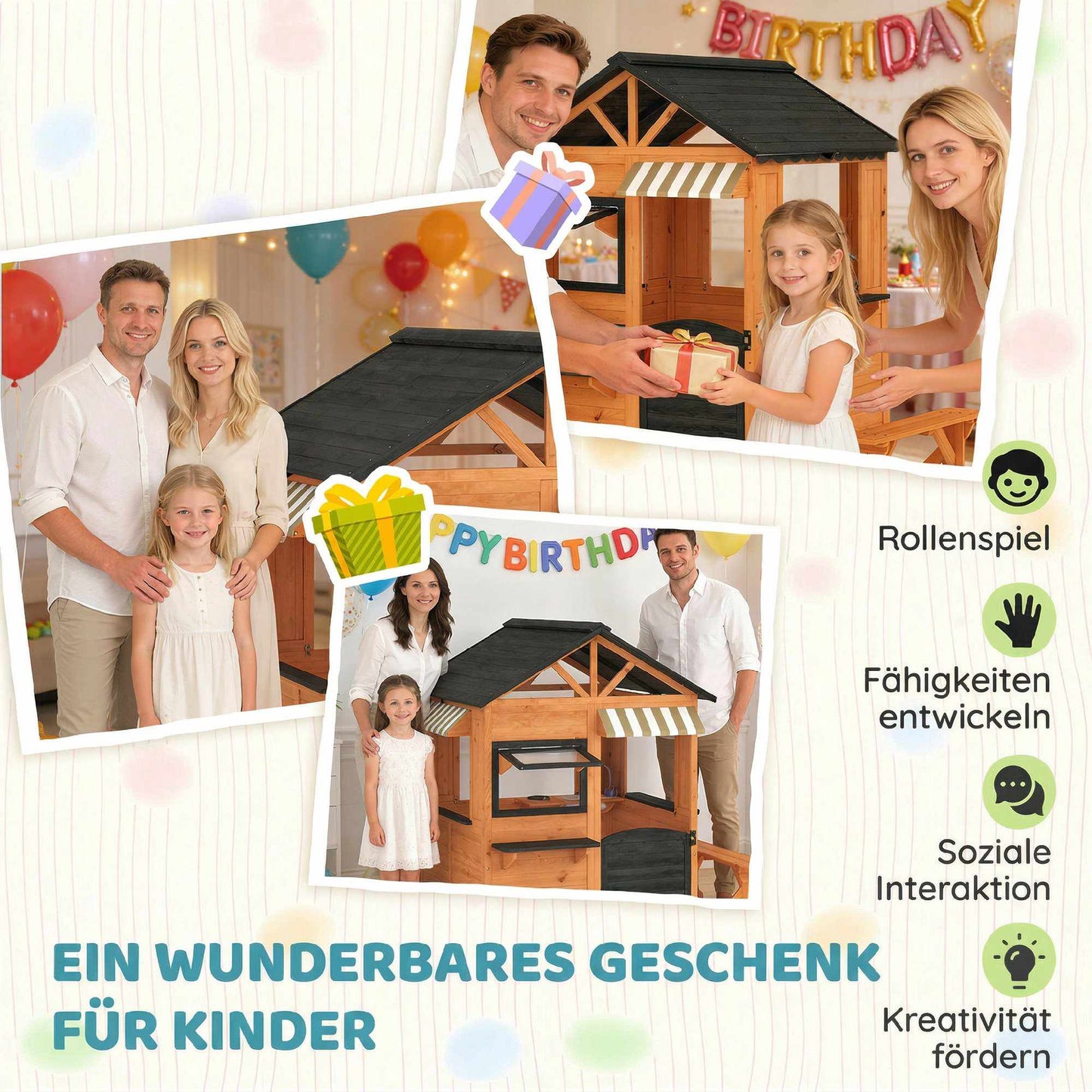 Wooden Outdoor Playhouse with Kitchen and Bench for Kids
