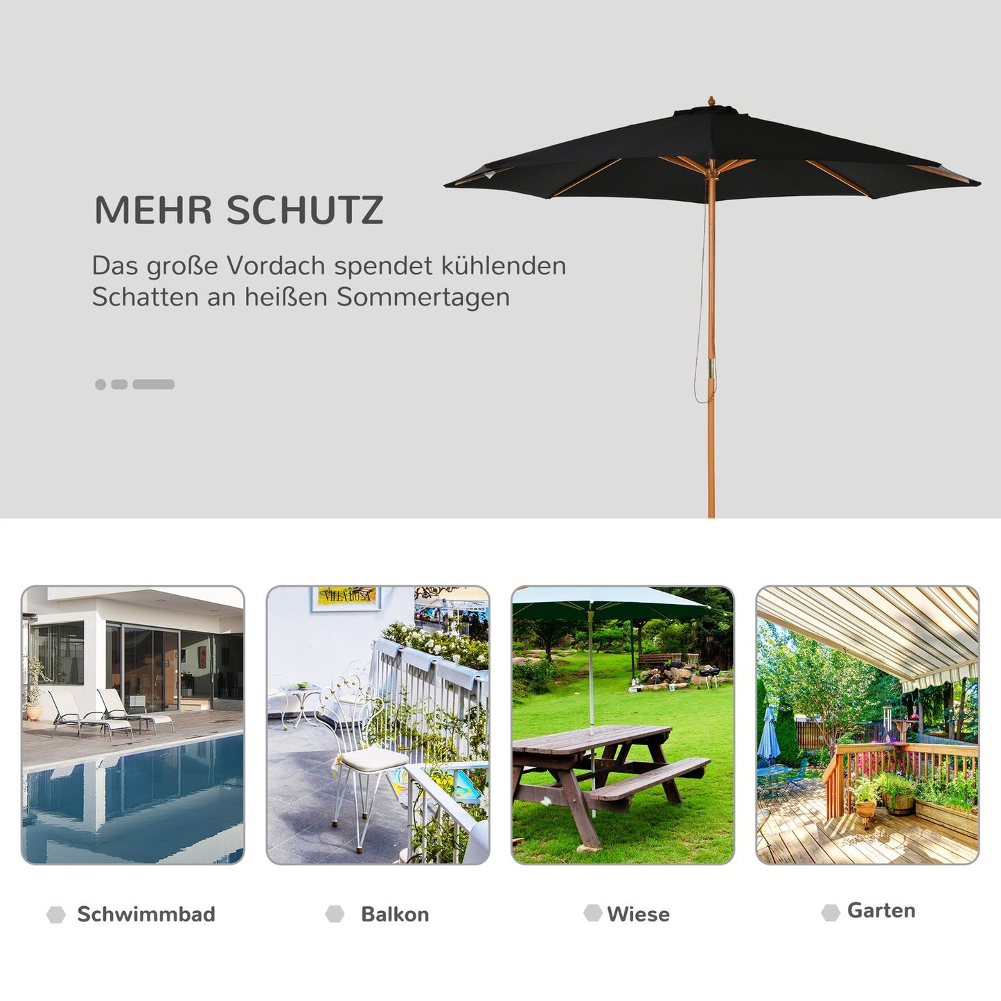 Wooden Bamboo Parasol, 300 Cm, Black, Robust & Elegant