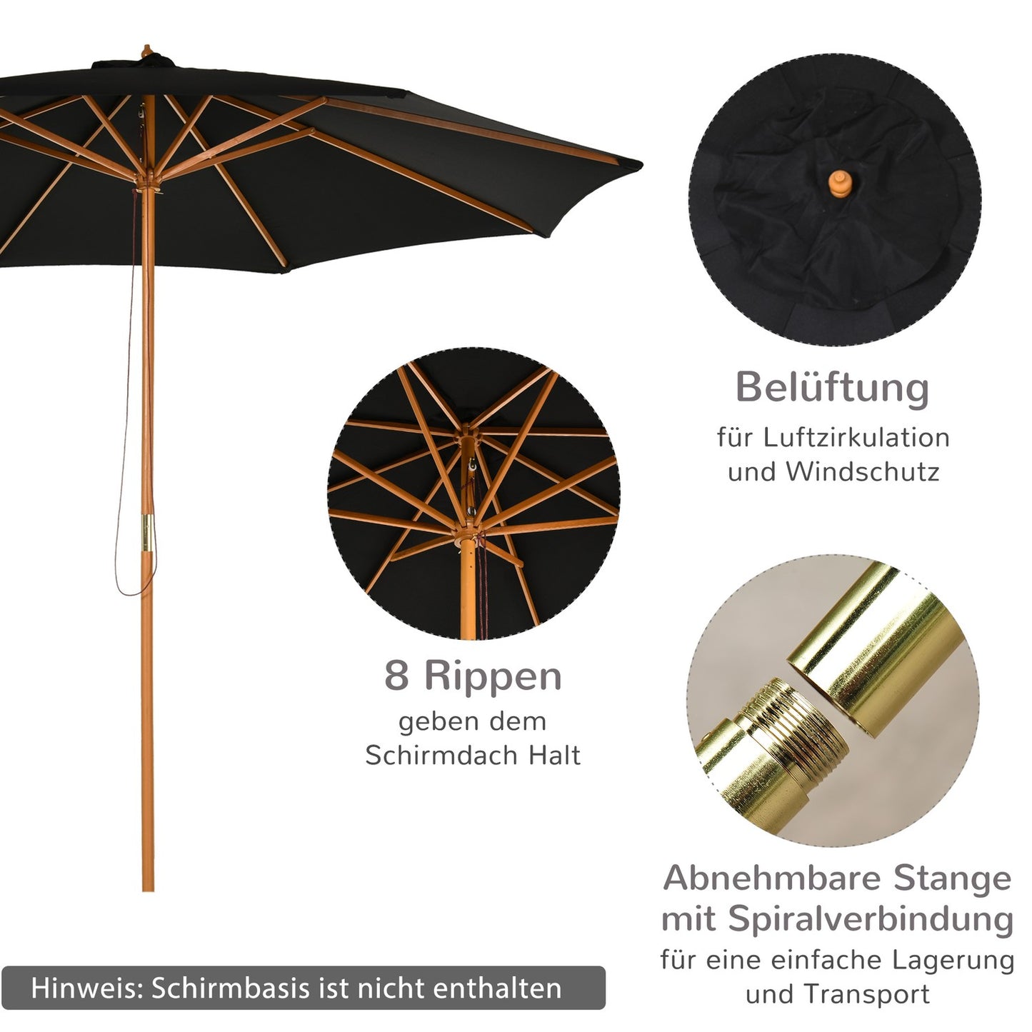 Wooden Bamboo Parasol, 300 Cm, Black, Robust & Elegant