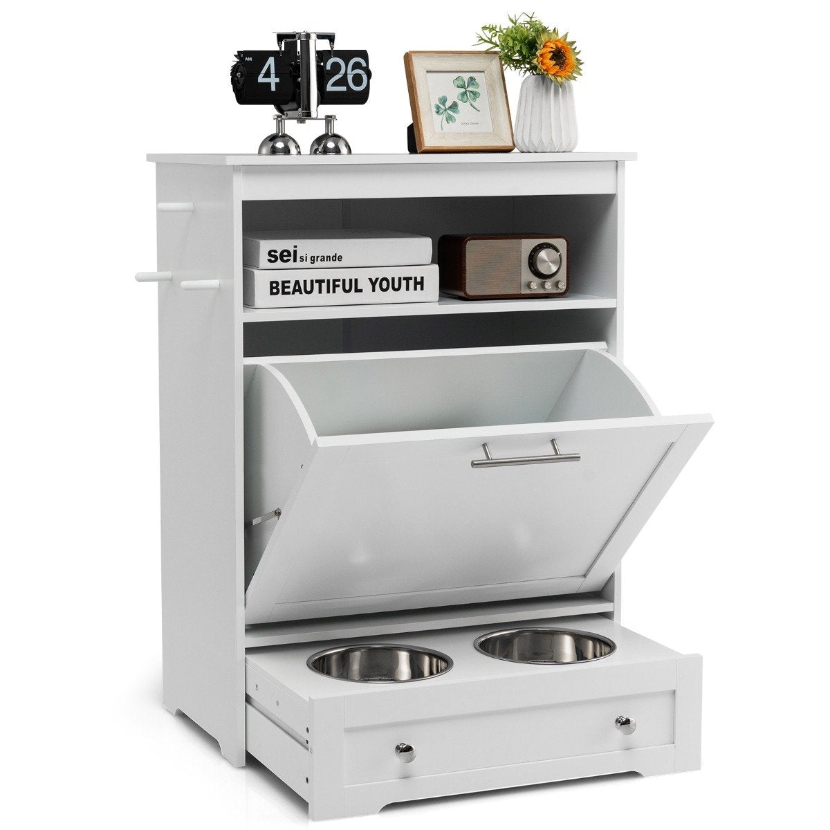 Wooden Pet Feeding Station for Feeding and Watering with Stainless Steel Bowl & Hangers White
