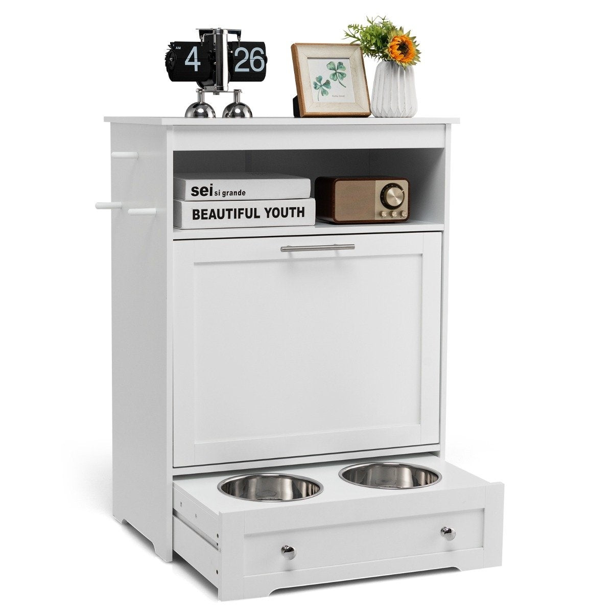 Wooden Pet Feeding Station for Feeding and Watering with Stainless Steel Bowl & Hangers White