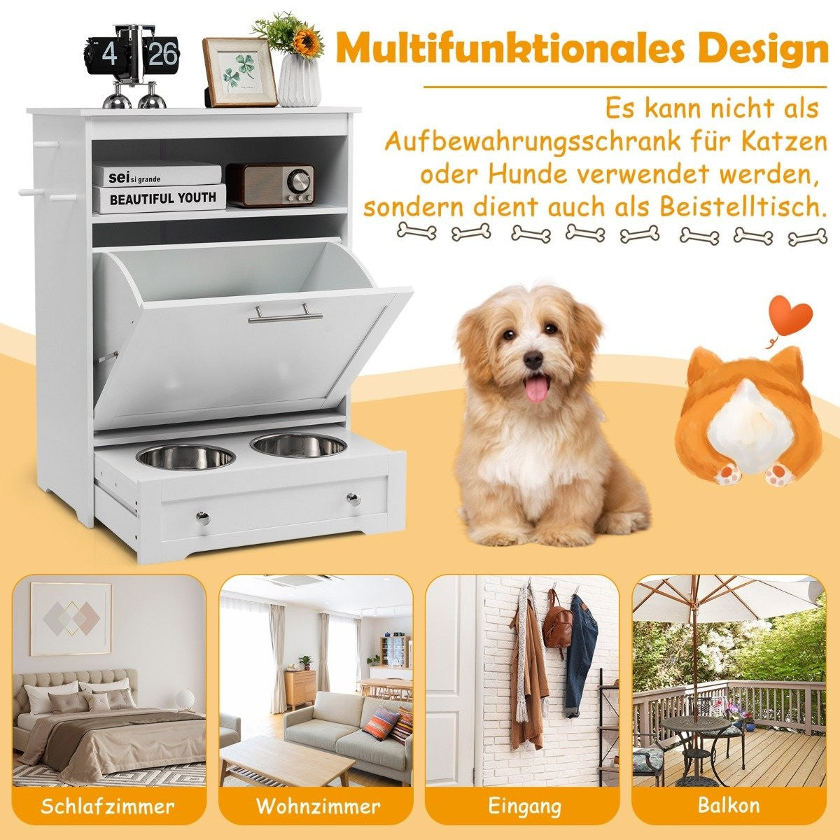Wooden Pet Feeding Station for Feeding and Watering with Stainless Steel Bowl & Hangers White