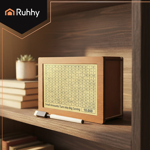 Wooden Piggy Bank with Savings Challenge Cards