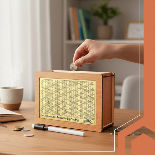 Wooden Piggy Bank with Savings Challenge Cards