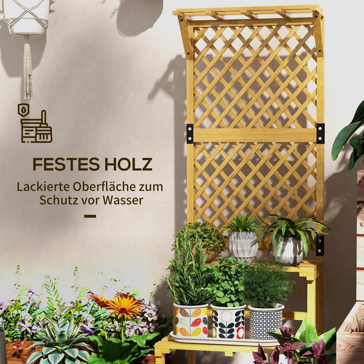 Plant stand in two levels, trellis design for garden, 60x50x166 cm