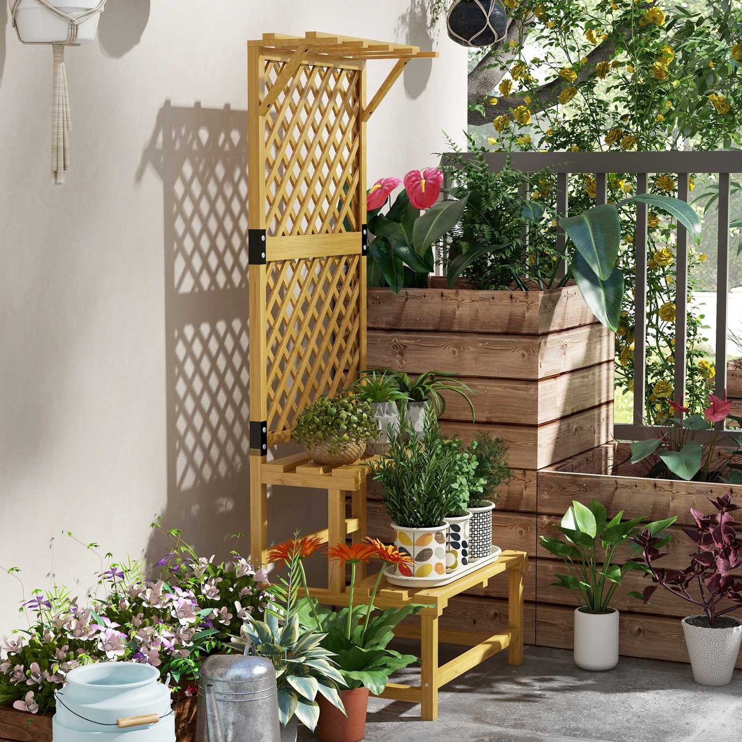 Plant stand in two levels, trellis design for garden, 60x50x166 cm