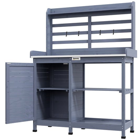 Garden plant table in wood with cabinet and shelves - Grey
