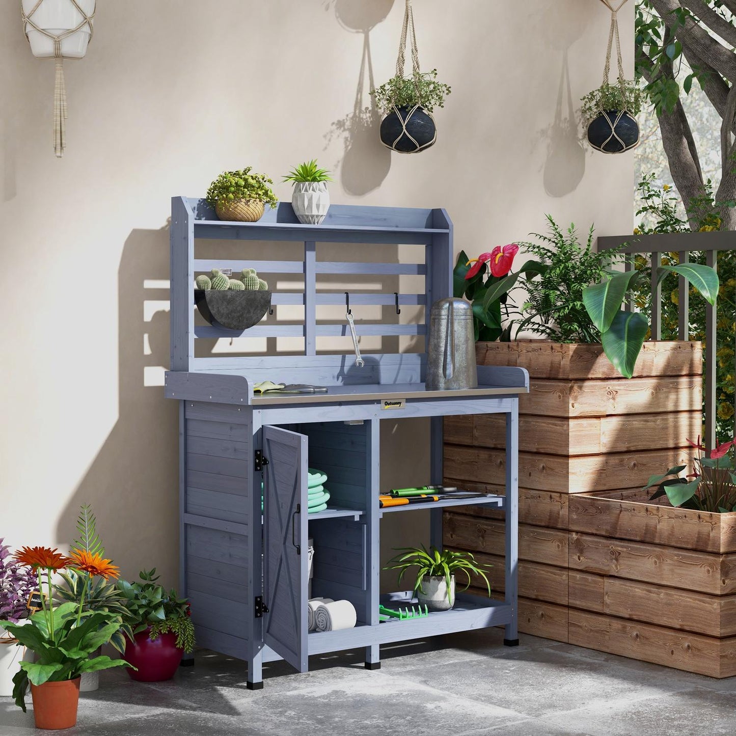 Garden plant table in wood with cabinet and shelves - Grey