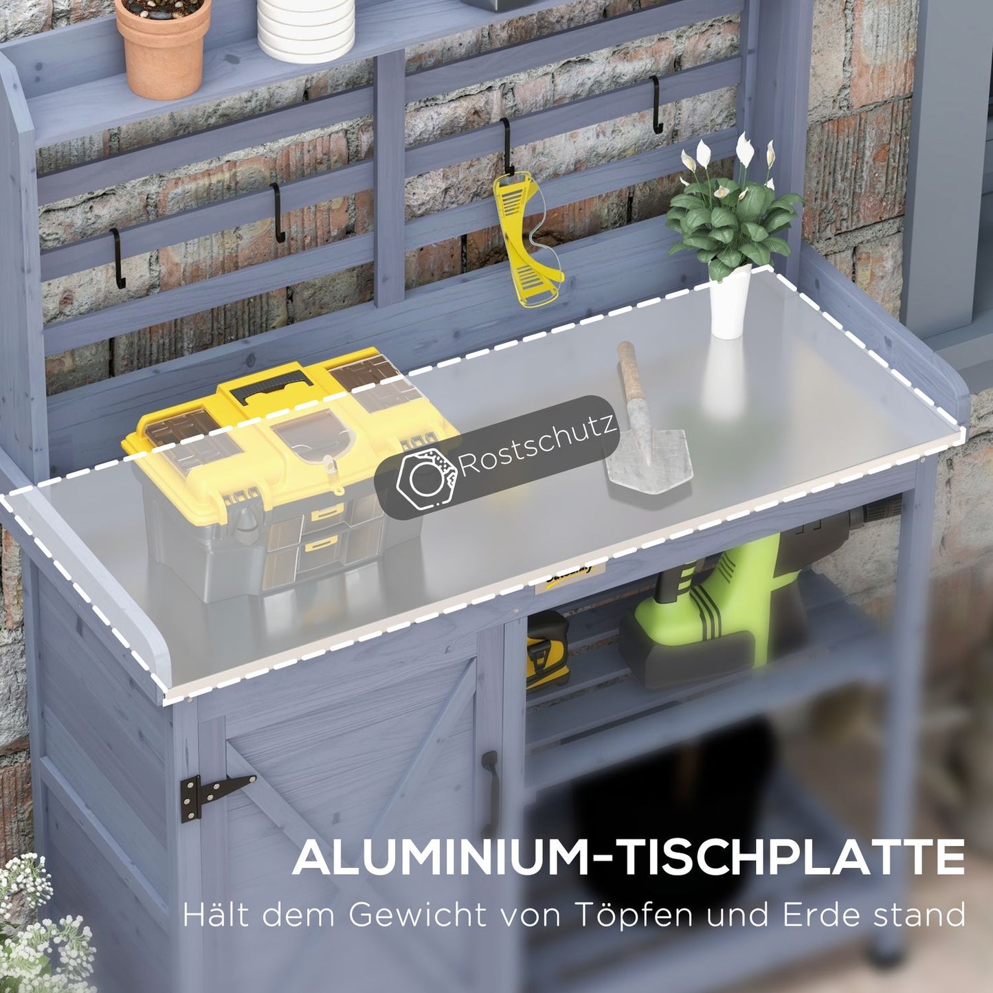 Garden plant table in wood with cabinet and shelves - Grey