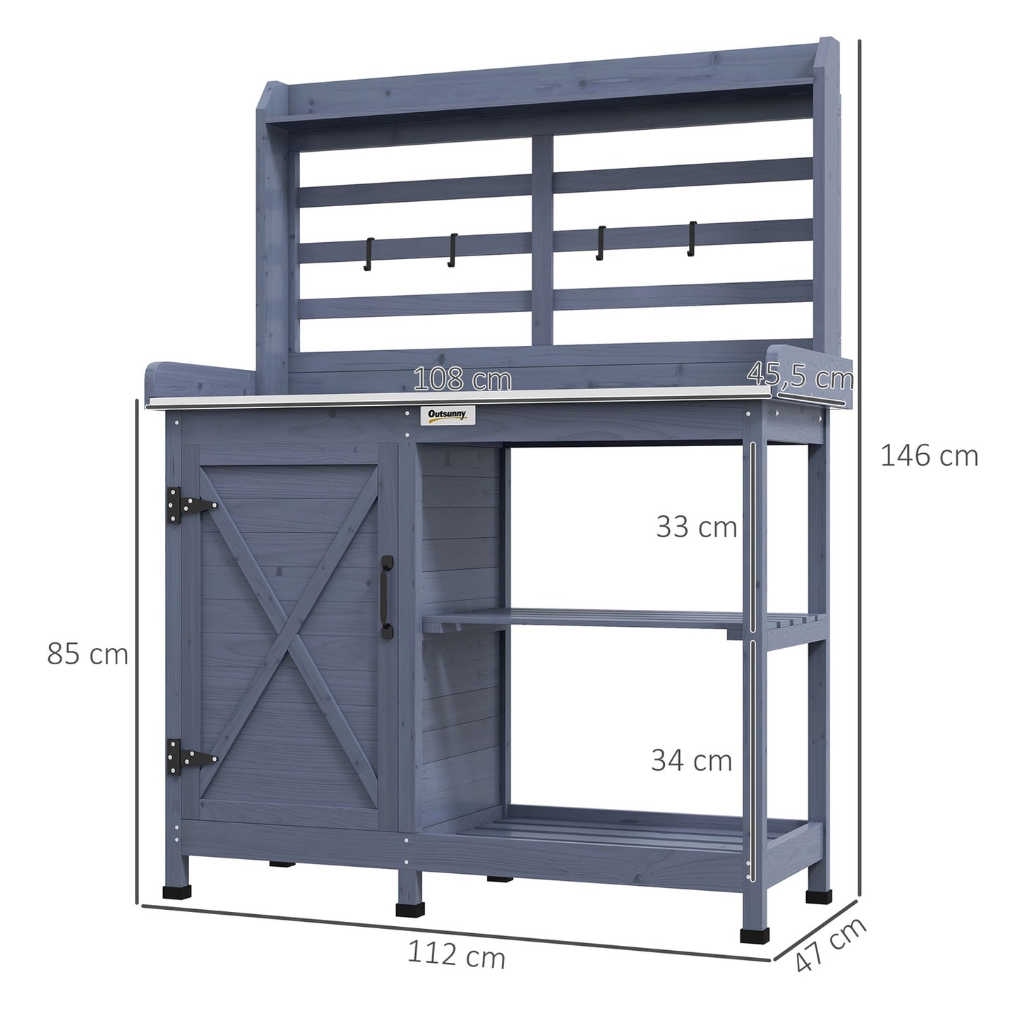 Garden plant table in wood with cabinet and shelves - Grey