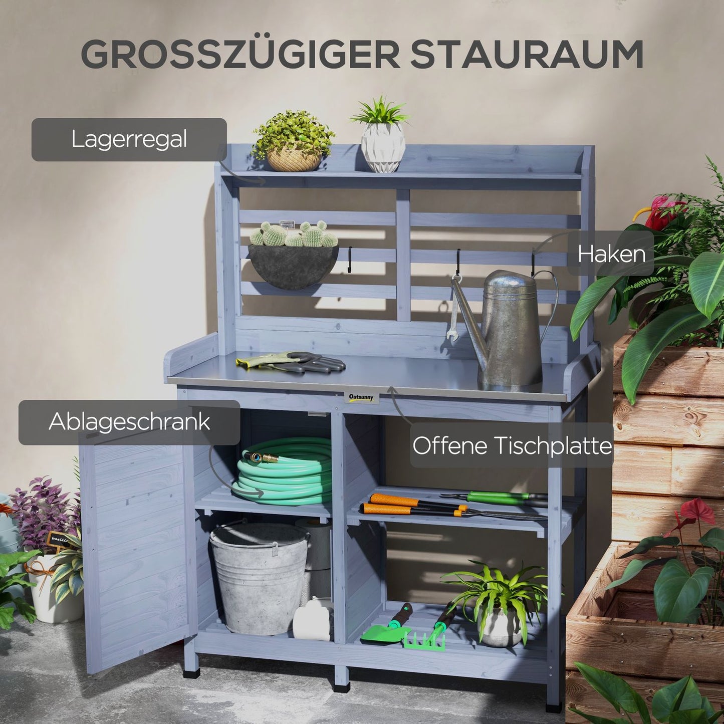 Garden plant table in wood with cabinet and shelves - Grey