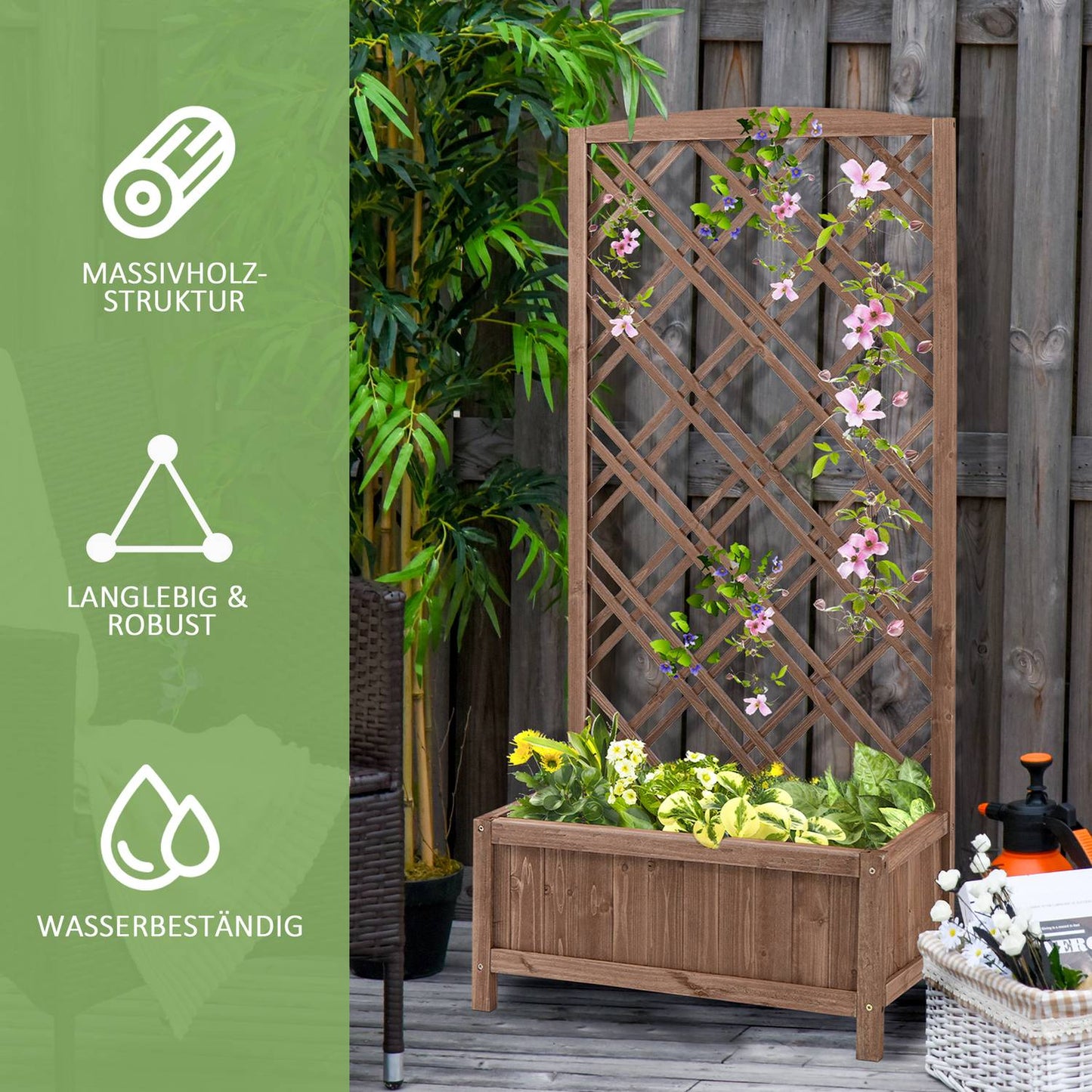 Wooden Planter Flower Stand With Trellis, Yellow, 60x30x123 Cm