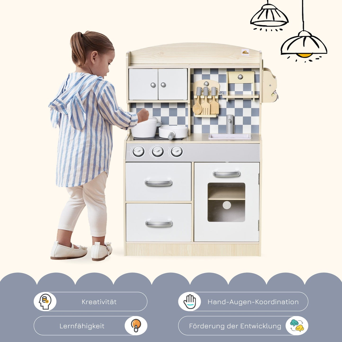 Children's wooden play kitchen with fog, light and music