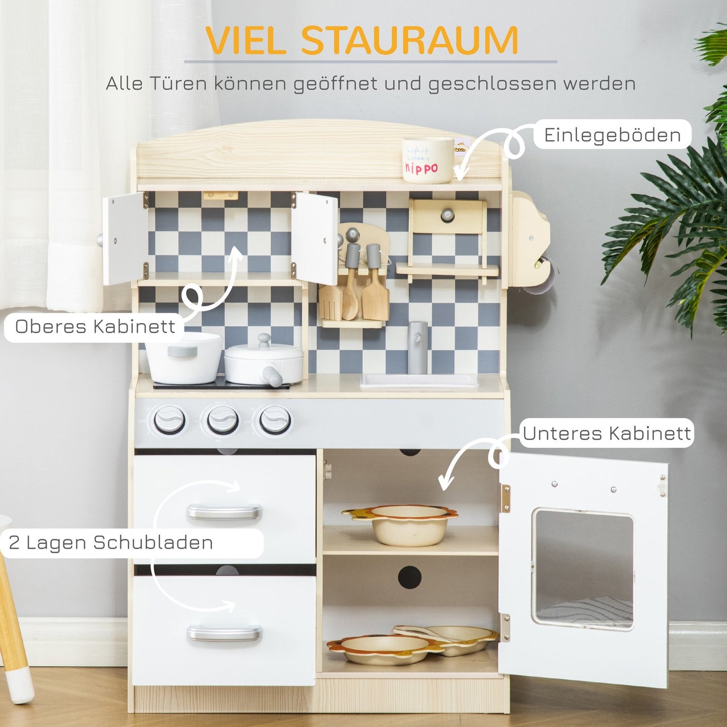 Children's wooden play kitchen with fog, light and music