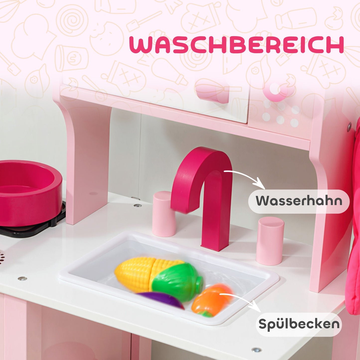 Wooden Play Kitchen Set with Accessories – Pink, Compact