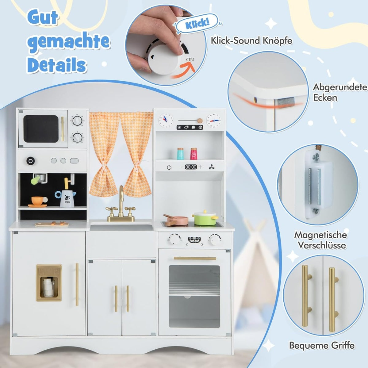 Wooden Play Kitchen Set with Microwave and Accessories