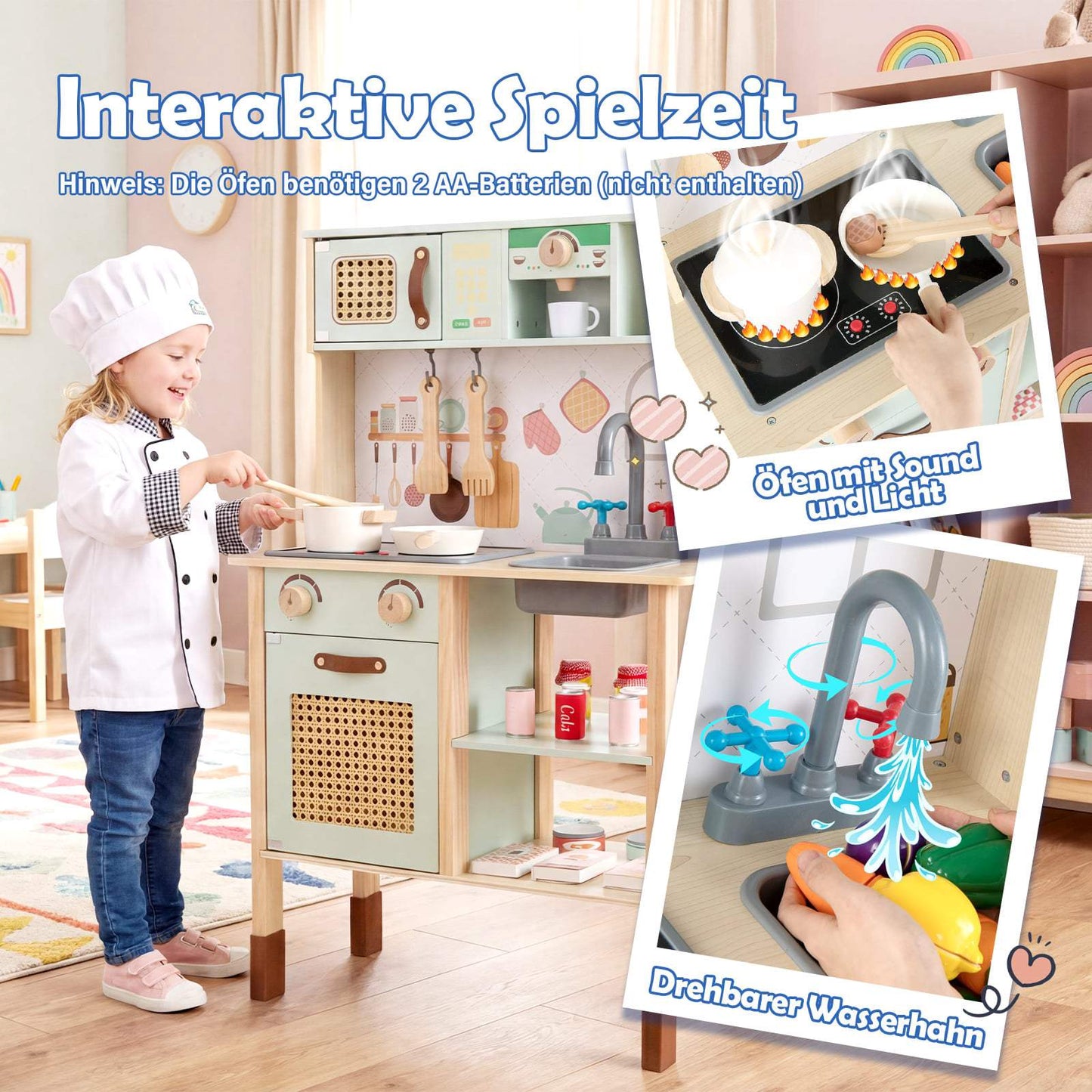 Wooden Play Kitchen for Kids with Light & Sound, Green