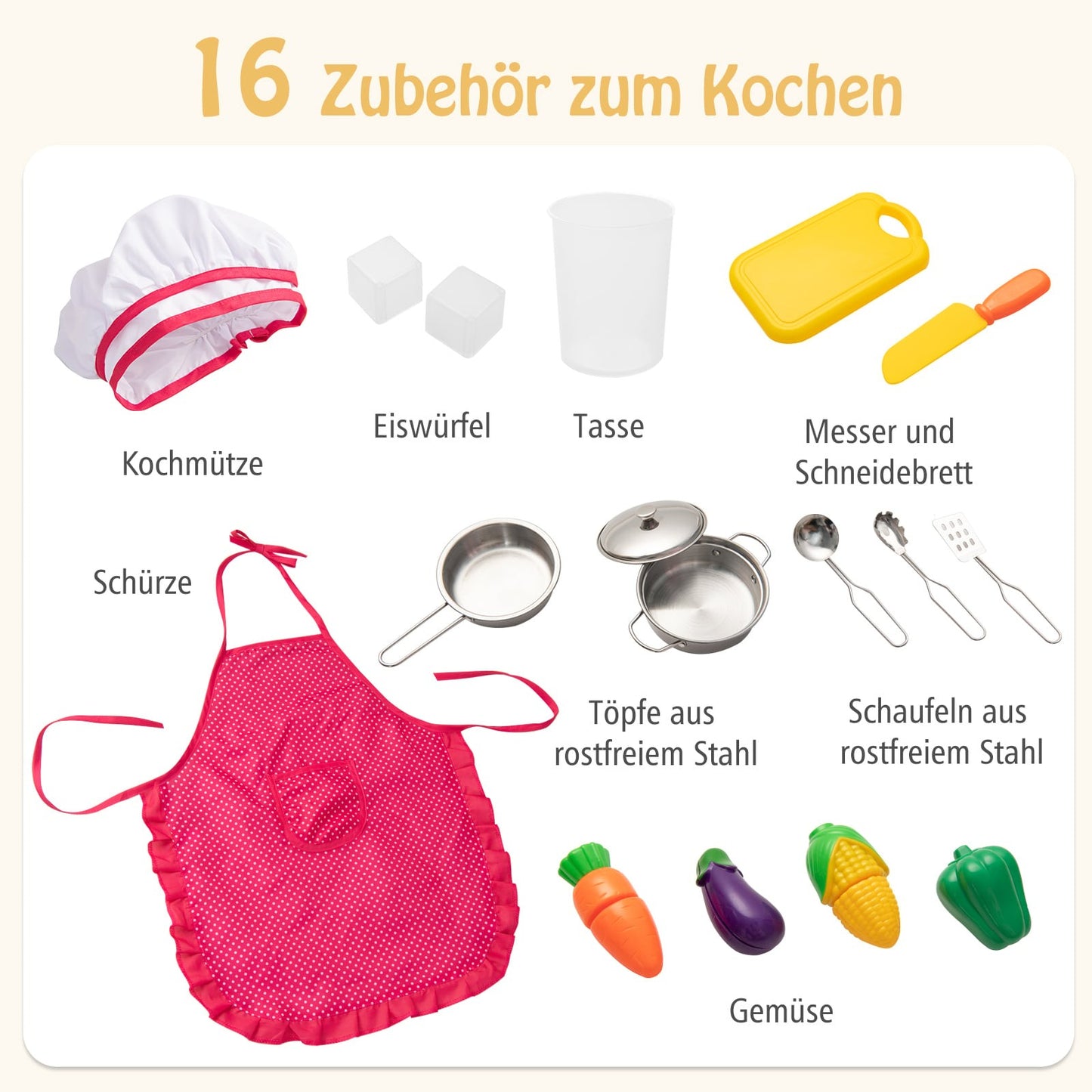 Wooden Play Kitchen with 16 Accessories for Kids 3+