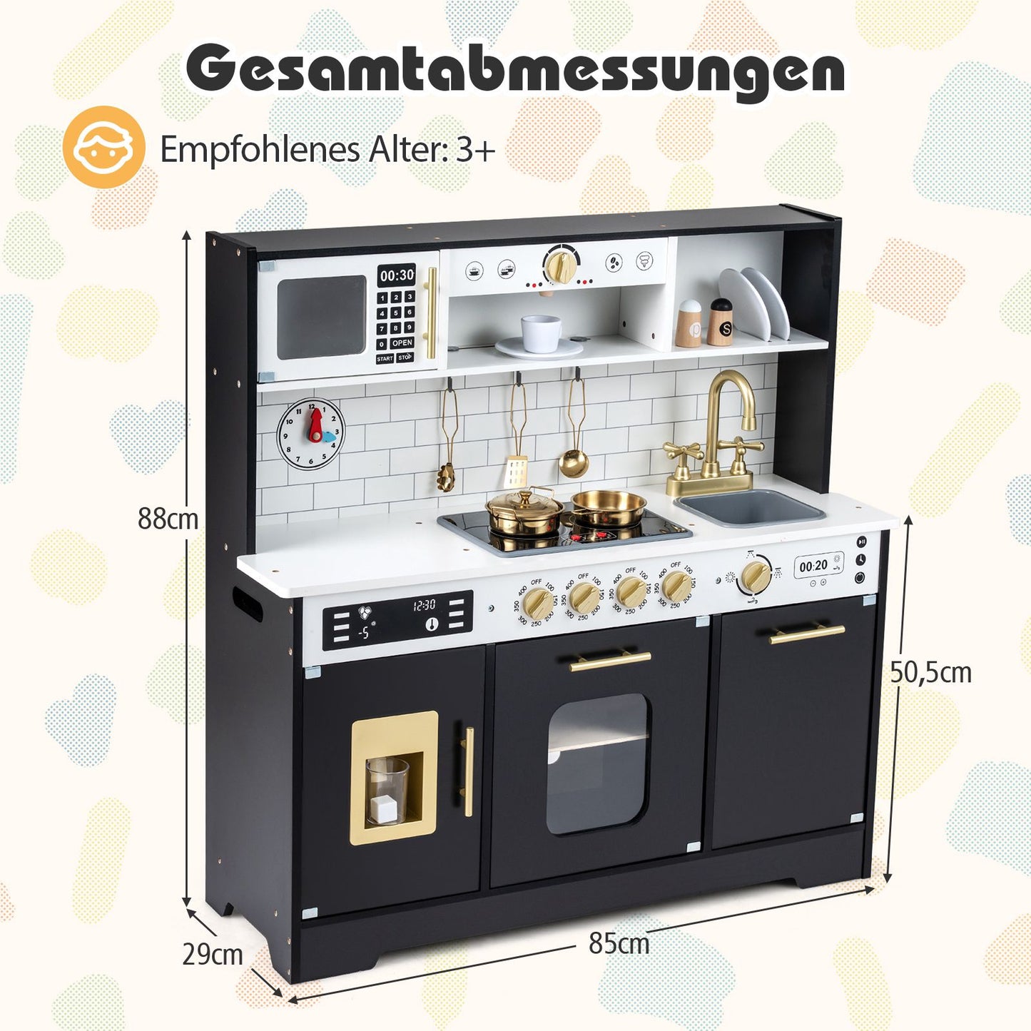 Wooden Play Kitchen with Light & Sound, Black, 14 Accessories