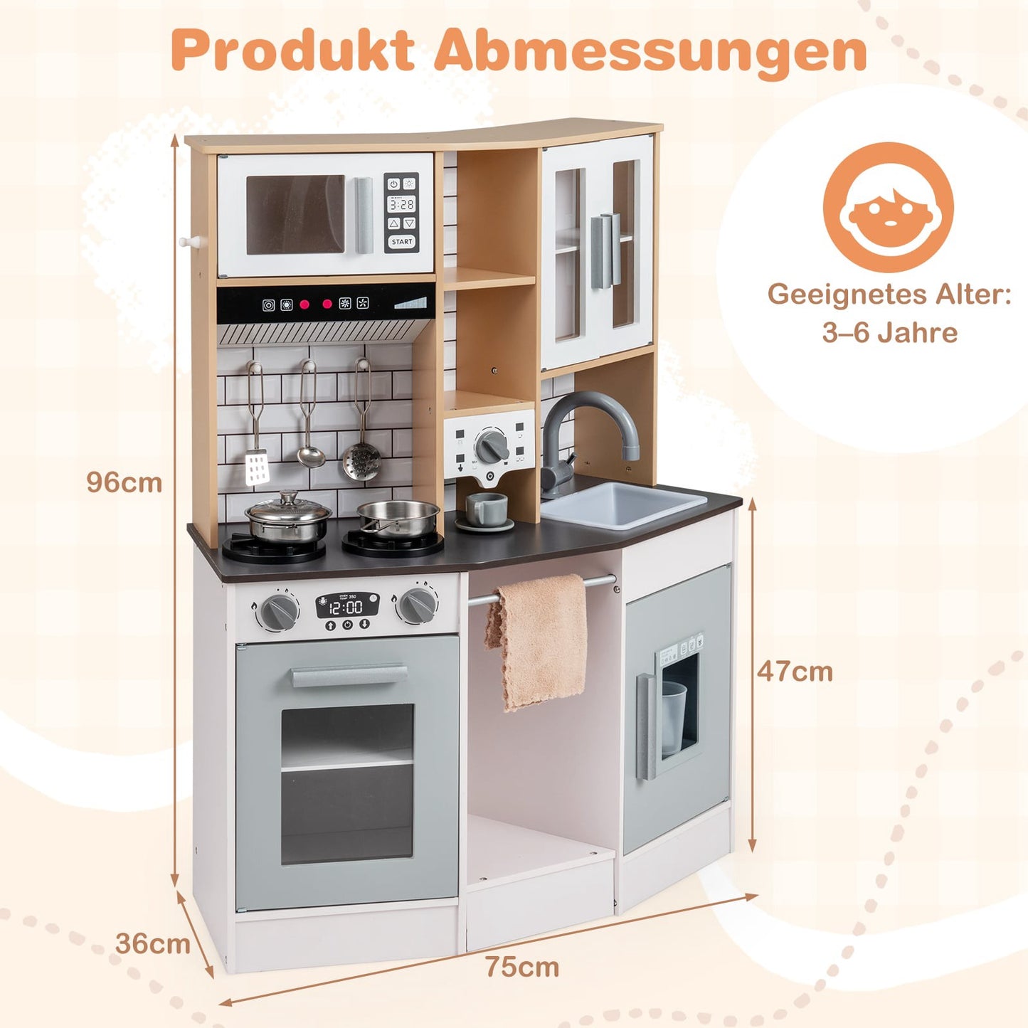 Wooden Play Kitchen with Light, Sound, Ice Maker – Gray