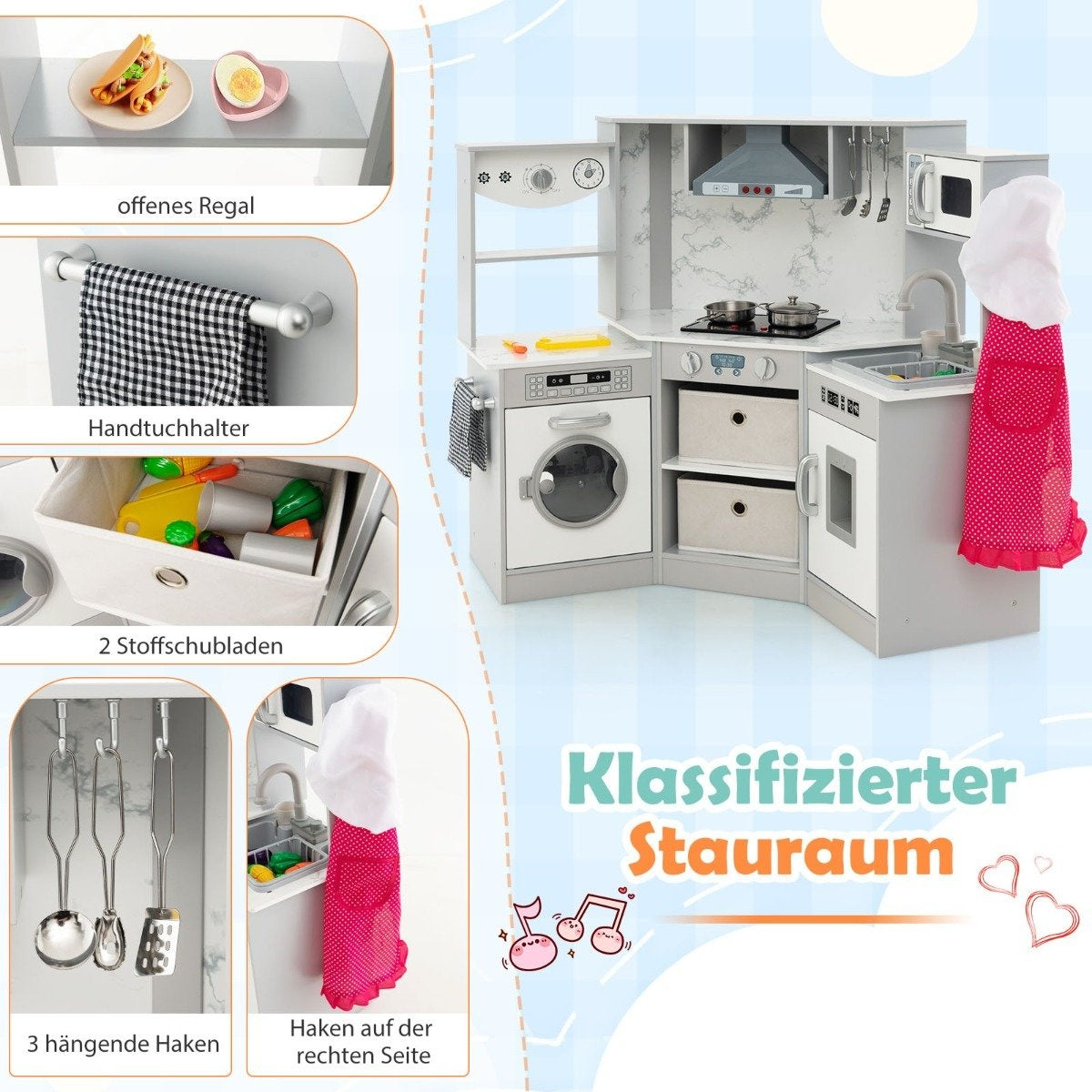 Wooden Play Kitchen with Light, Sound, Water Dispenser & Washer