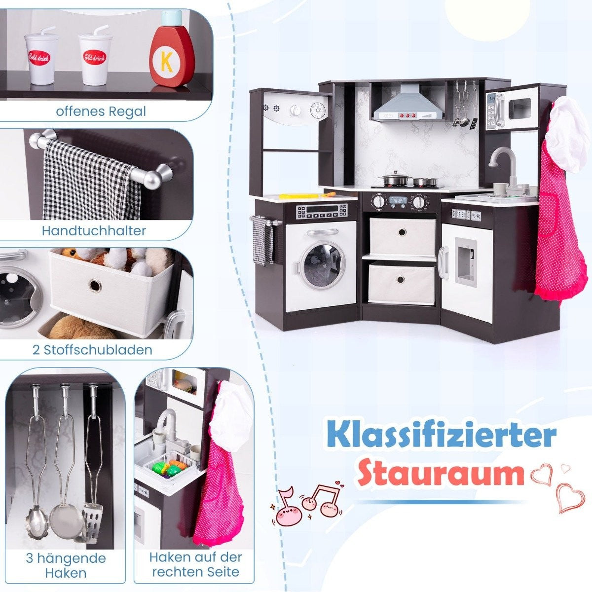 Wooden Play Kitchen with Light, Sound, Water Dispenser & Washer