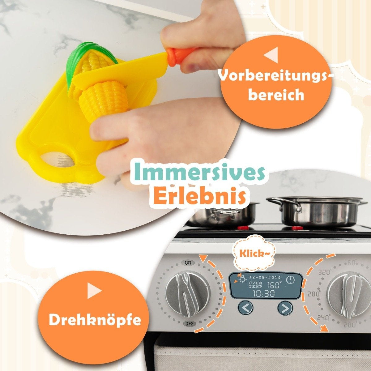 Wooden Play Kitchen with Light, Sound, Water Dispenser & Washer