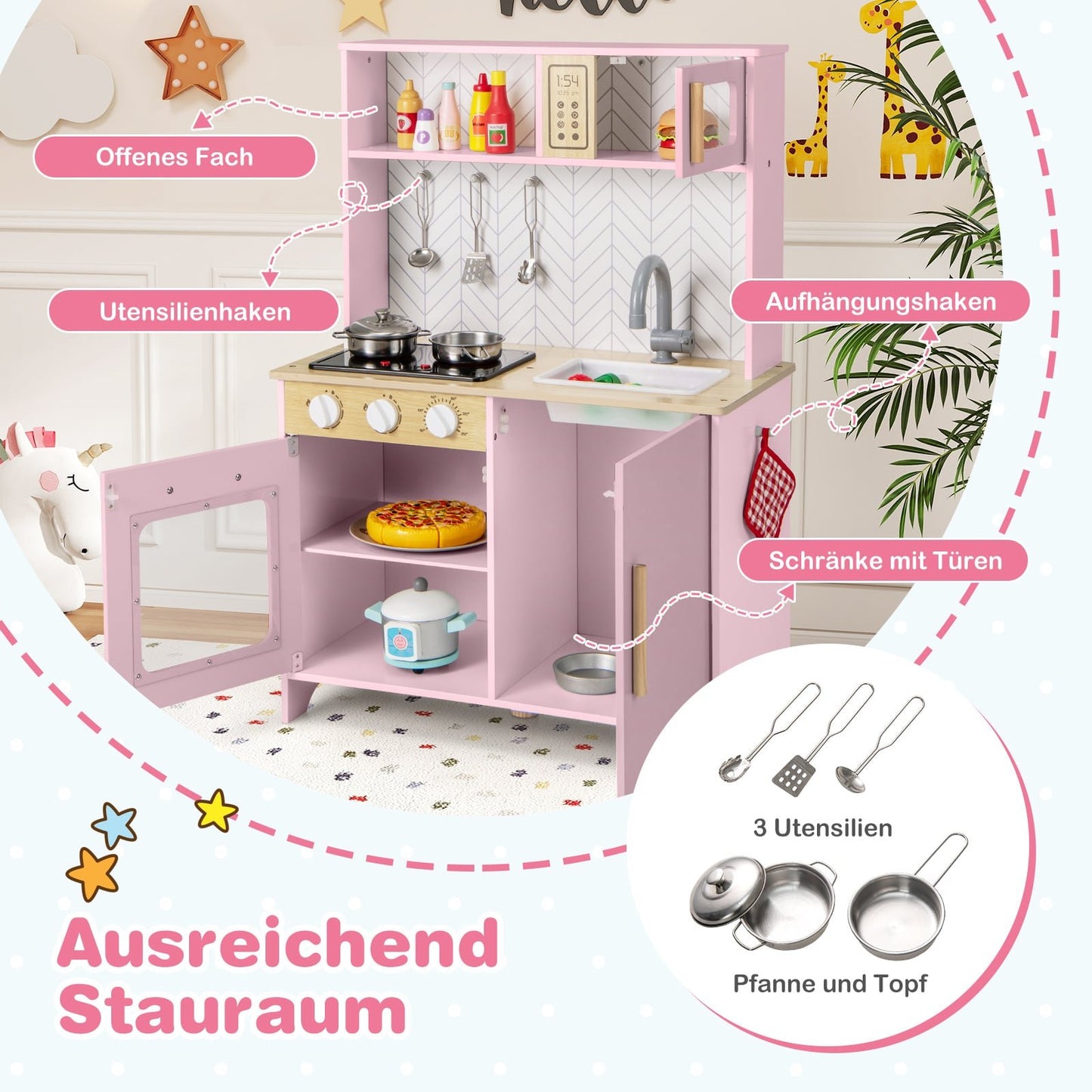 Wooden Play Kitchen with Microwave, Oven, Sink – Pink