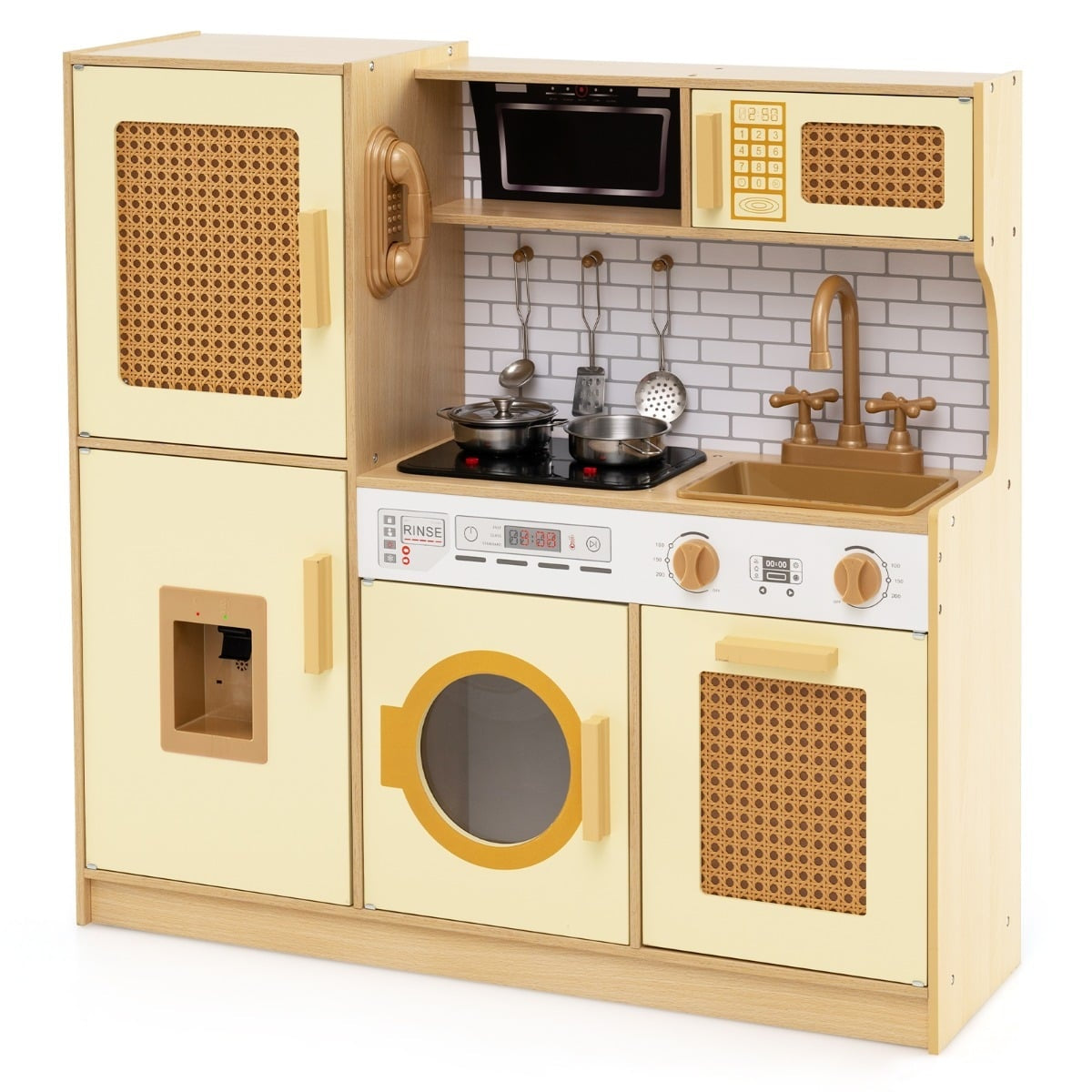 Wooden Play Kitchen with Rattan Doors, Light & Sound Effects