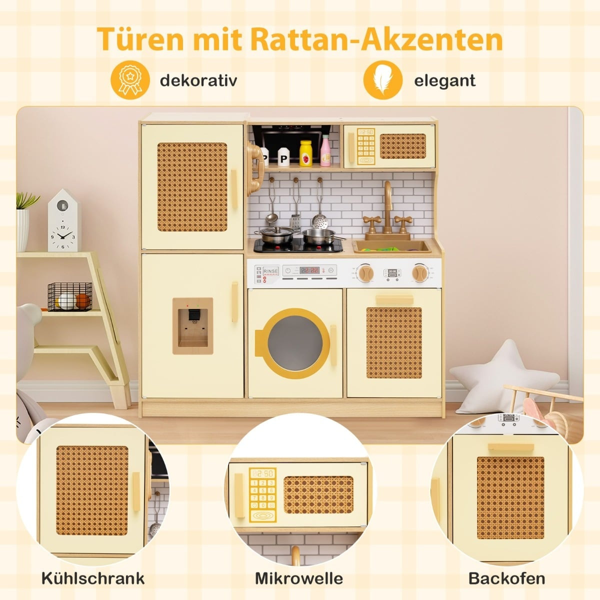 Wooden Play Kitchen with Rattan Doors, Light & Sound Effects