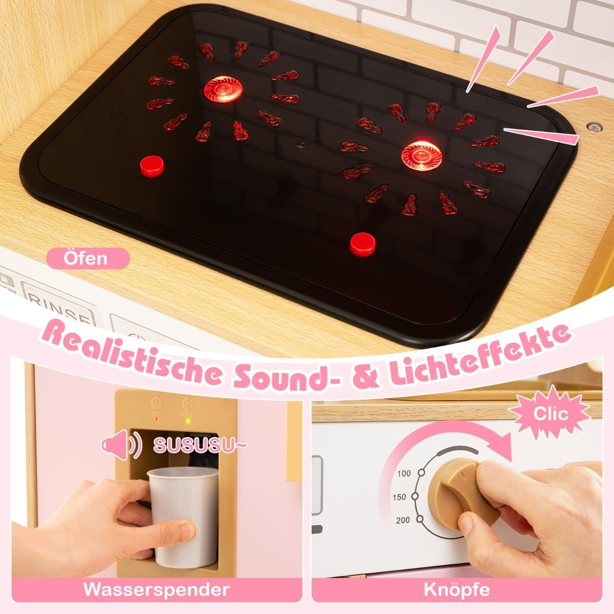 Wooden Play Kitchen with Rattan Doors, Light & Sound, Pink