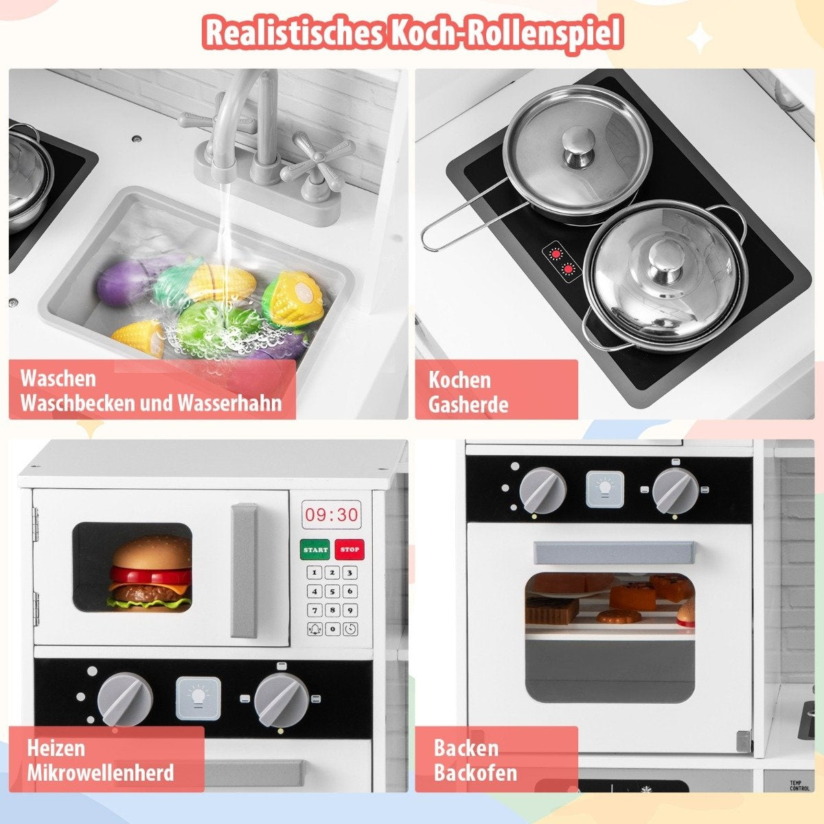 Wooden Play Kitchen with Sink & Faucet for Kids 3+