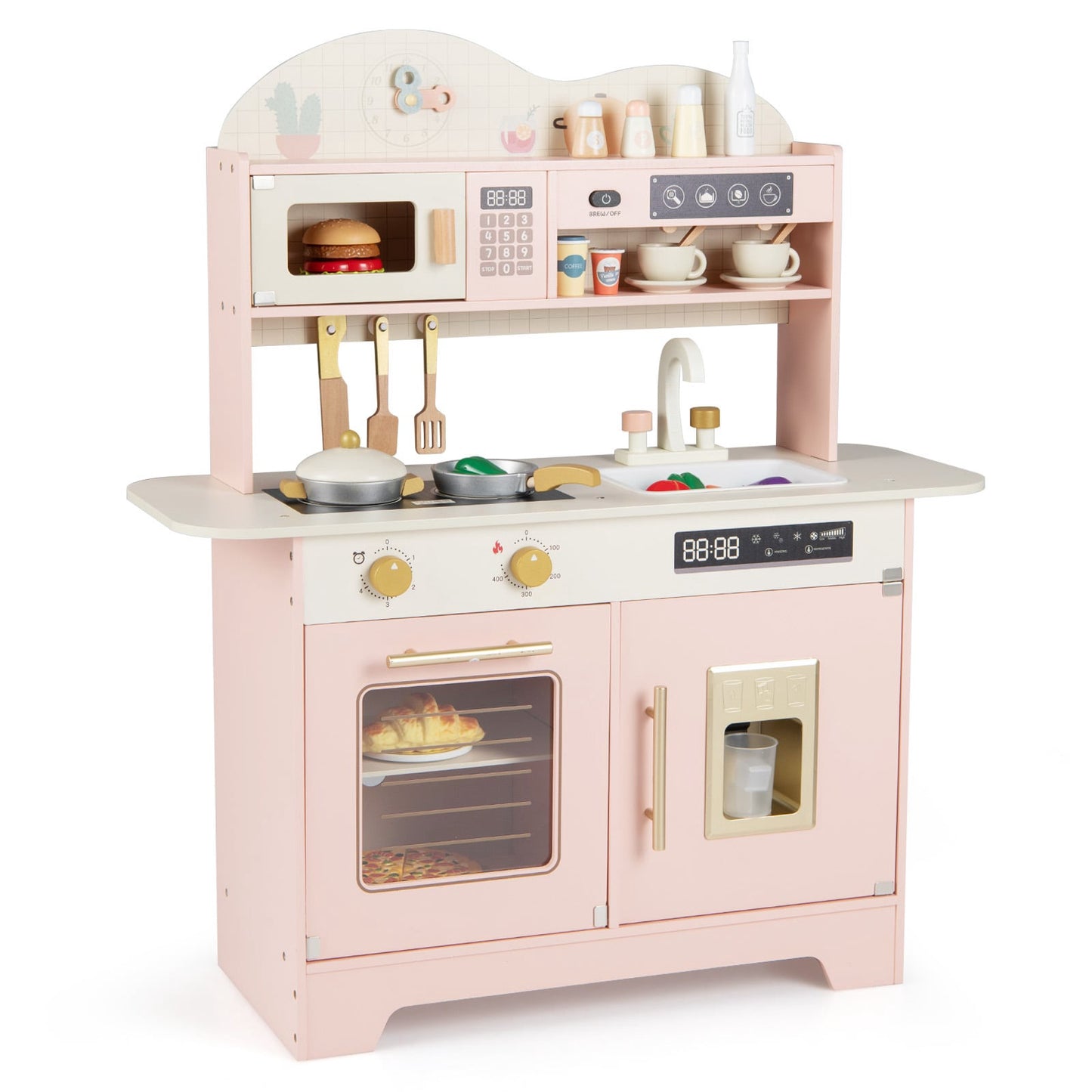 Wooden Play Kitchen with Storage & 17 Accessories, Pink