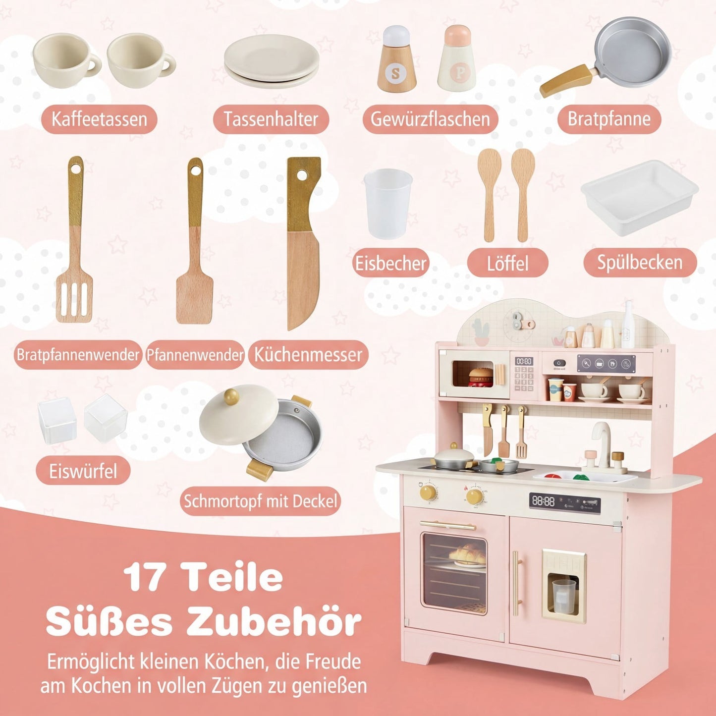Wooden Play Kitchen with Storage & 17 Accessories, Pink