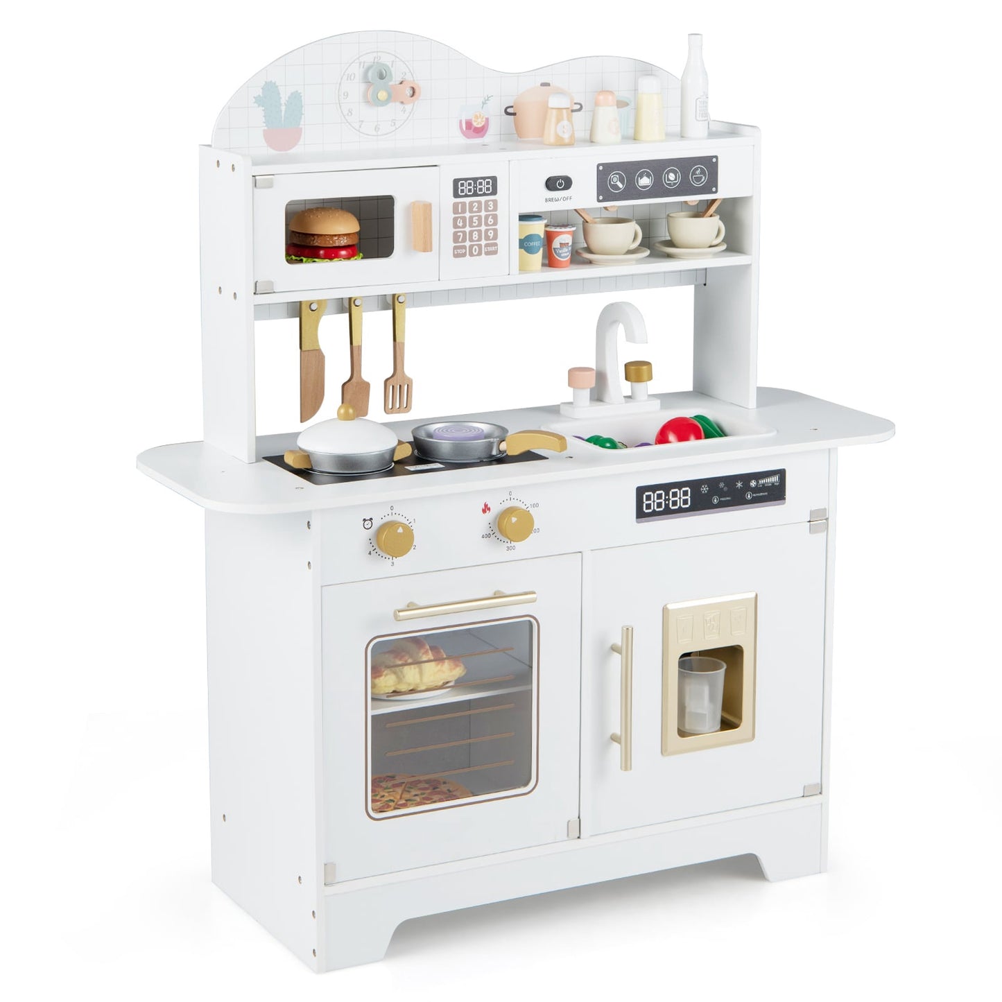 Wooden Play Kitchen with Storage & 17 Accessories, White