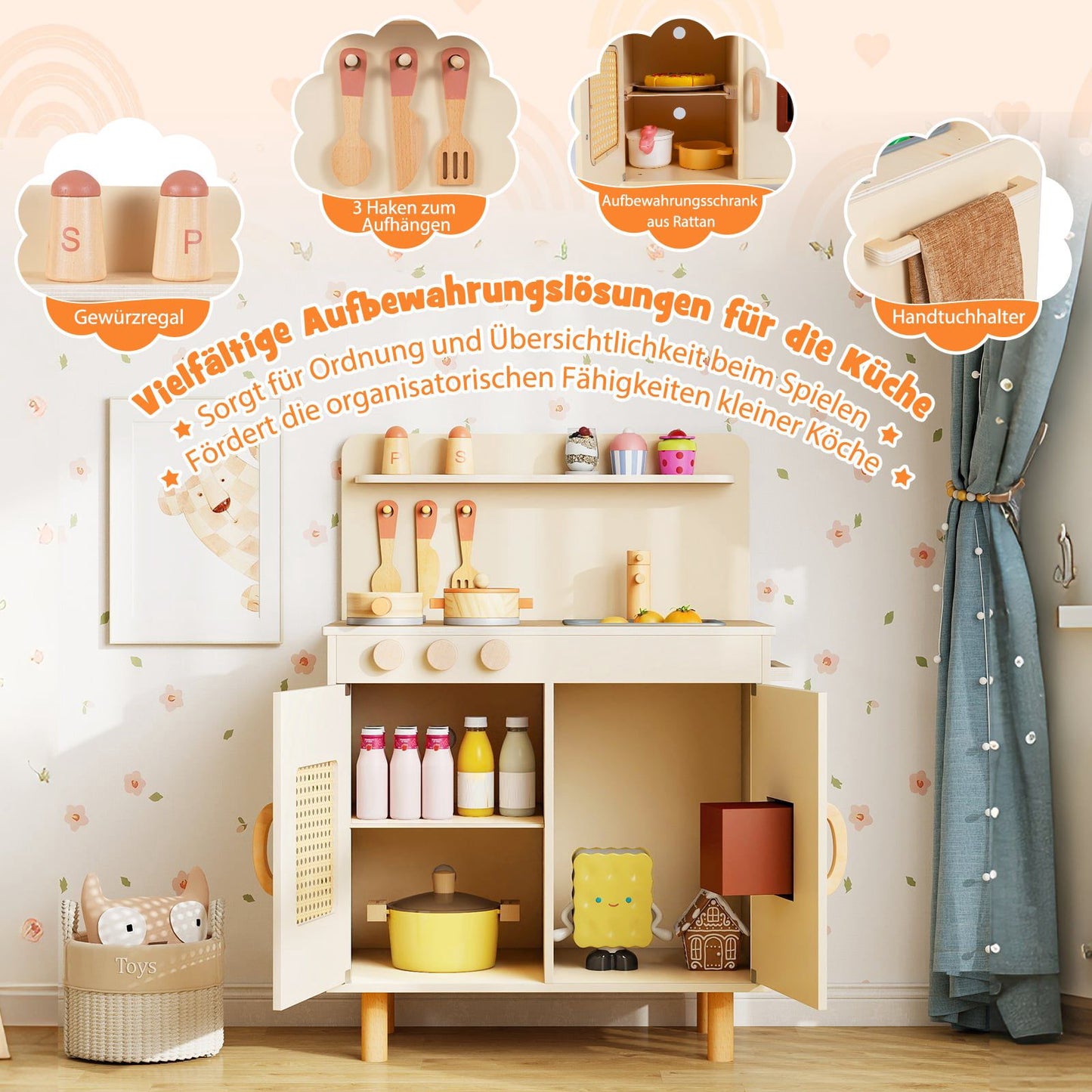 Wooden Play Kitchen with Storage, Light & Sound