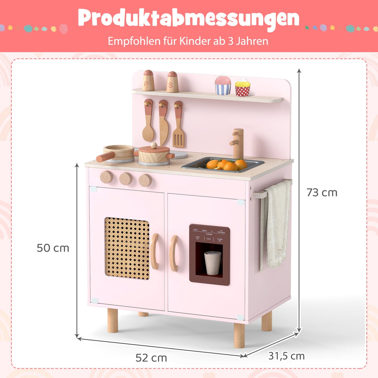Wooden Play Kitchen with Storage, Light & Sound, Pink
