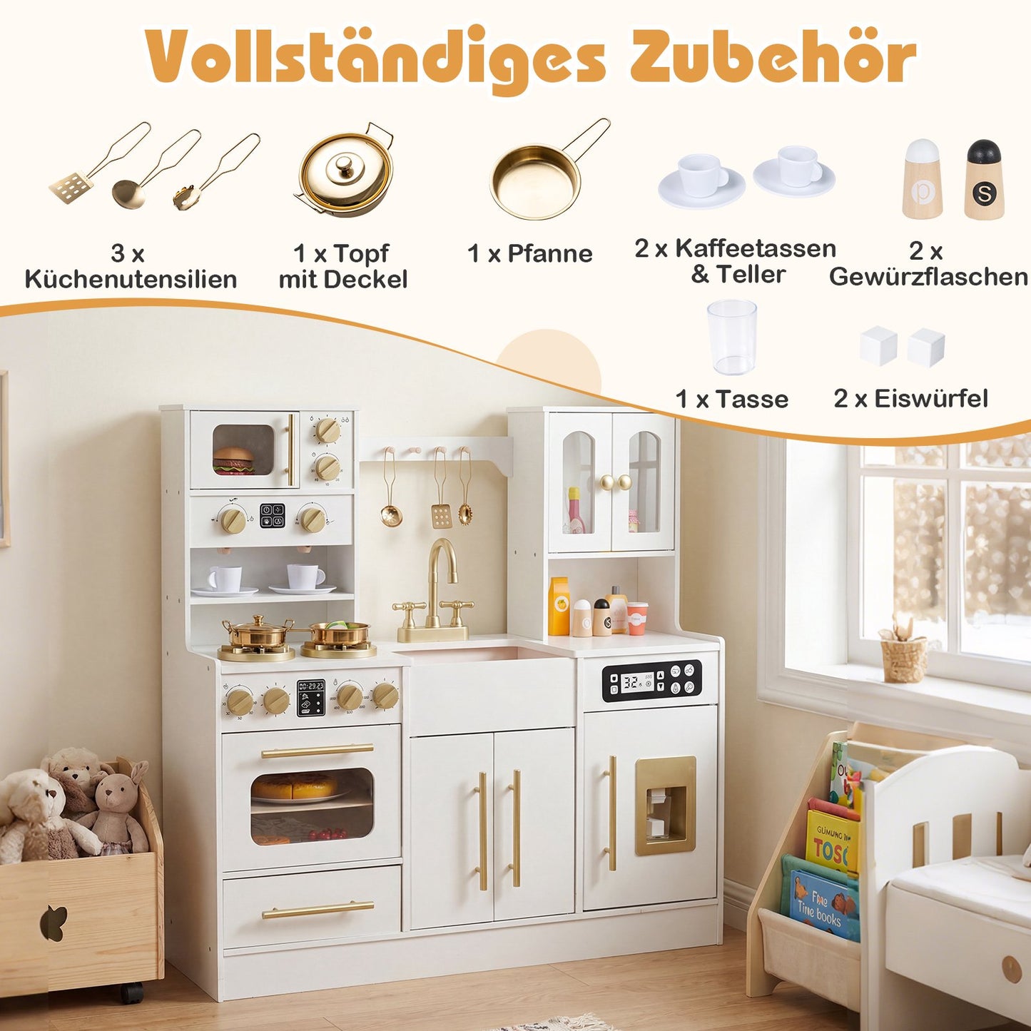 Wooden Play Kitchen with Stove, Sink, Light & Sound