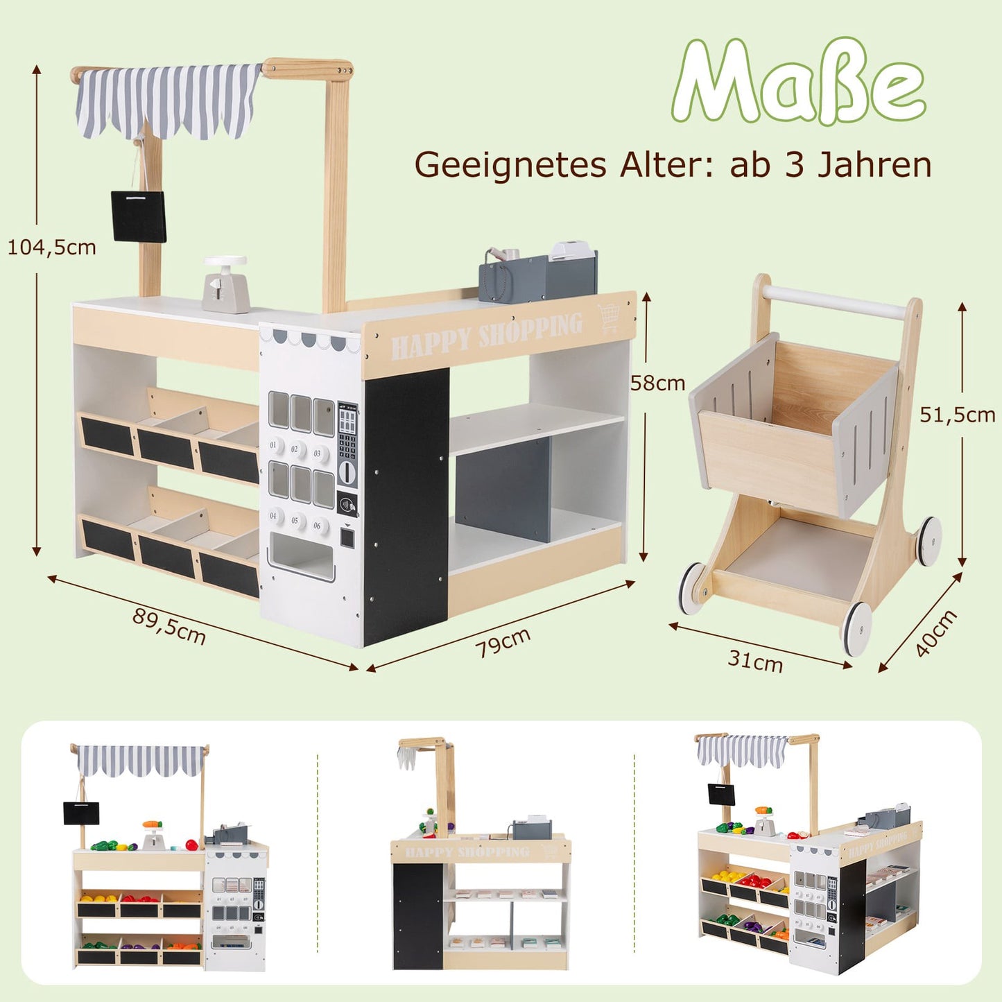 Wooden Play Store Set with Shopping Cart & Cash Register