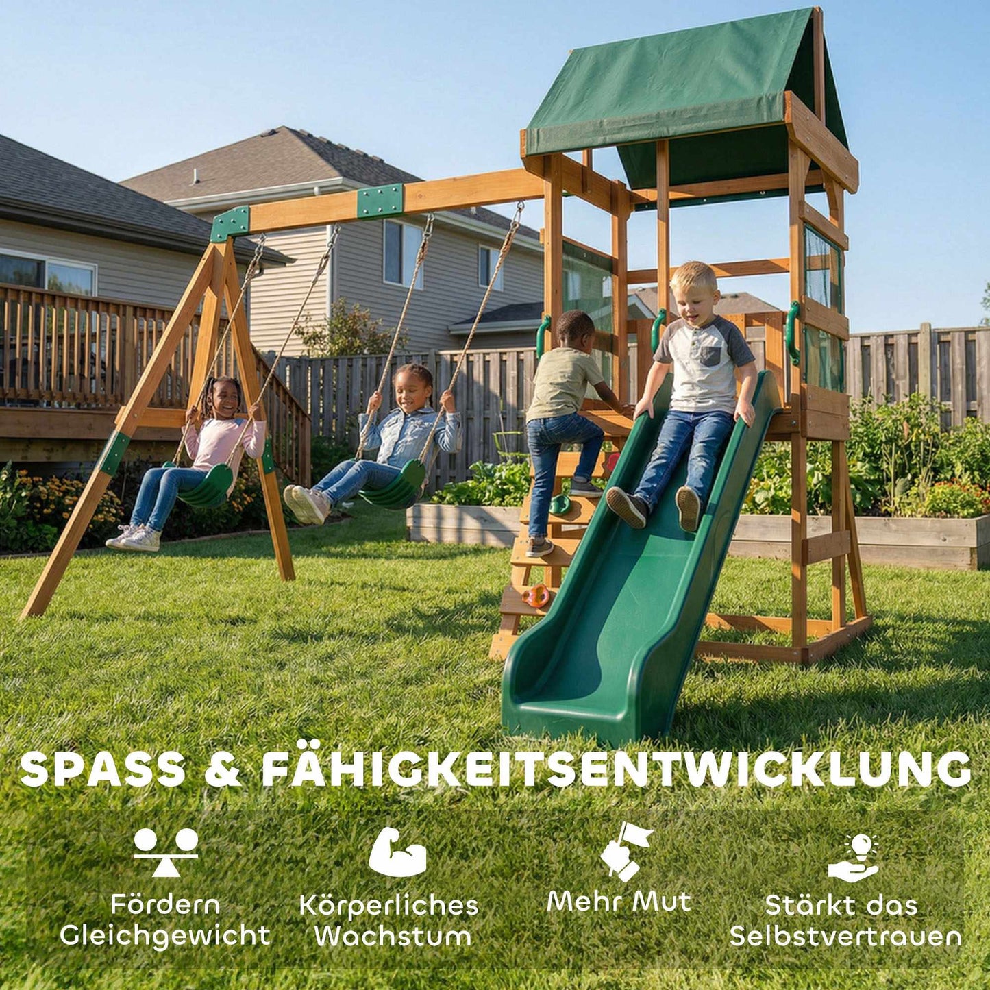 Wooden Play Tower with Slide, Swings, Climbing Wall for Kids
