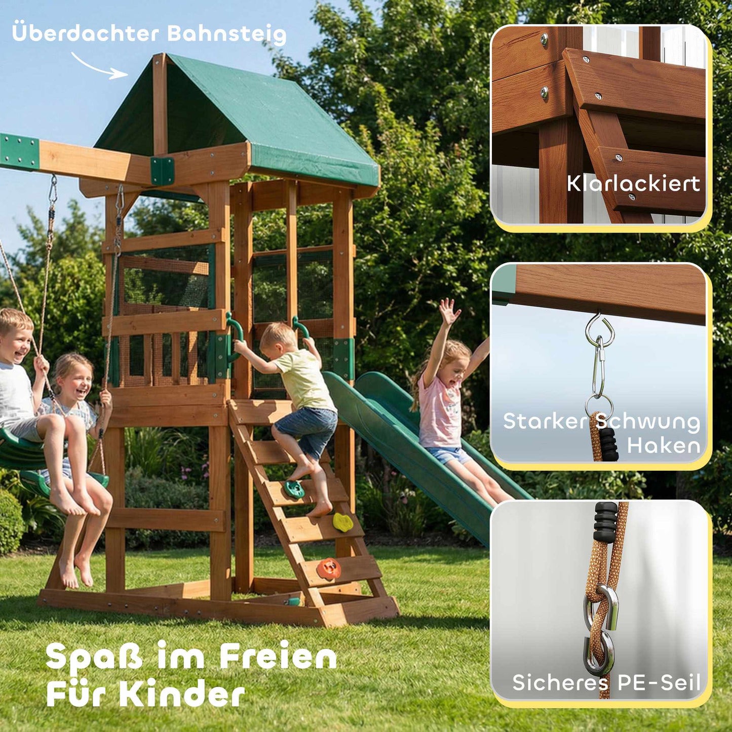 Wooden Play Tower with Slide, Swings, Climbing Wall for Kids