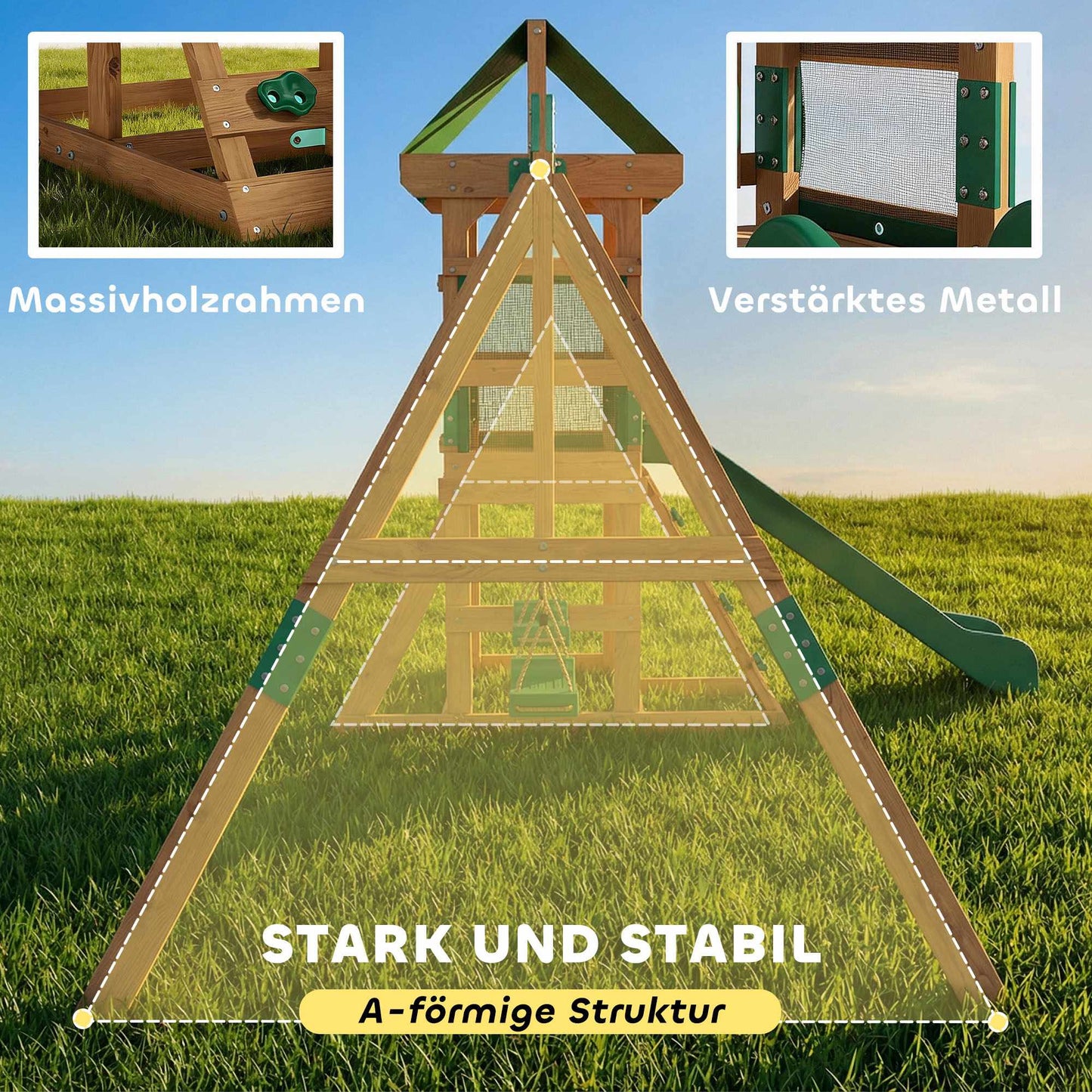 Wooden Play Tower with Slide, Swings, Climbing Wall for Kids