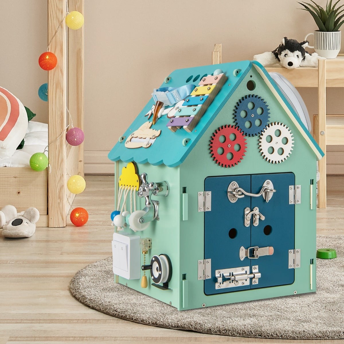 Wooden Playhouse with Sensory Games and Storage for Kids
